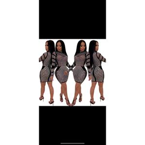 Embellished Crewneck Bodycon Dress Casual Mesh