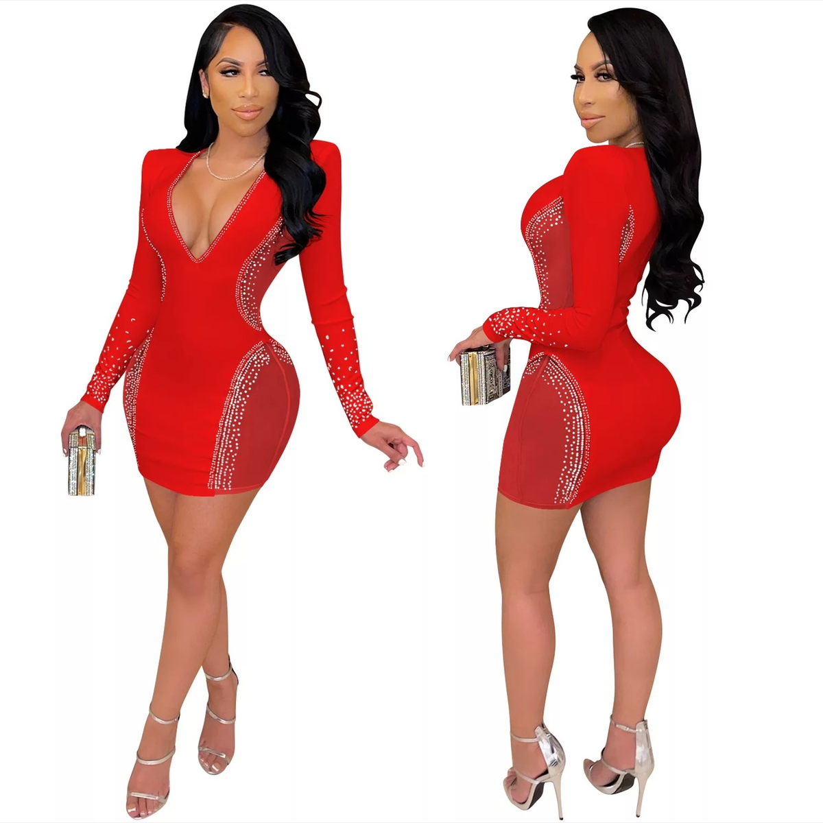 Embellished Mesh Cutout V-Neck Bodycon Mini Dress