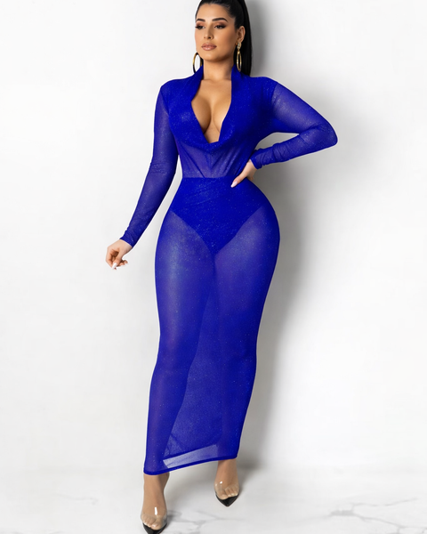 Sexy Mesh See Through Glitter Evening Party Long Dress