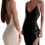 Satin Open Back High- Slit Dress