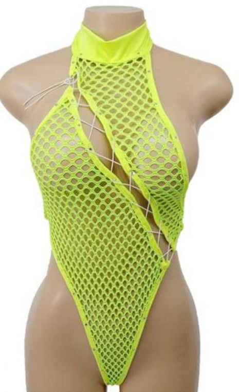 Exotic Dance Wear Lemon-Candy Laced and Net Strip Outfit
